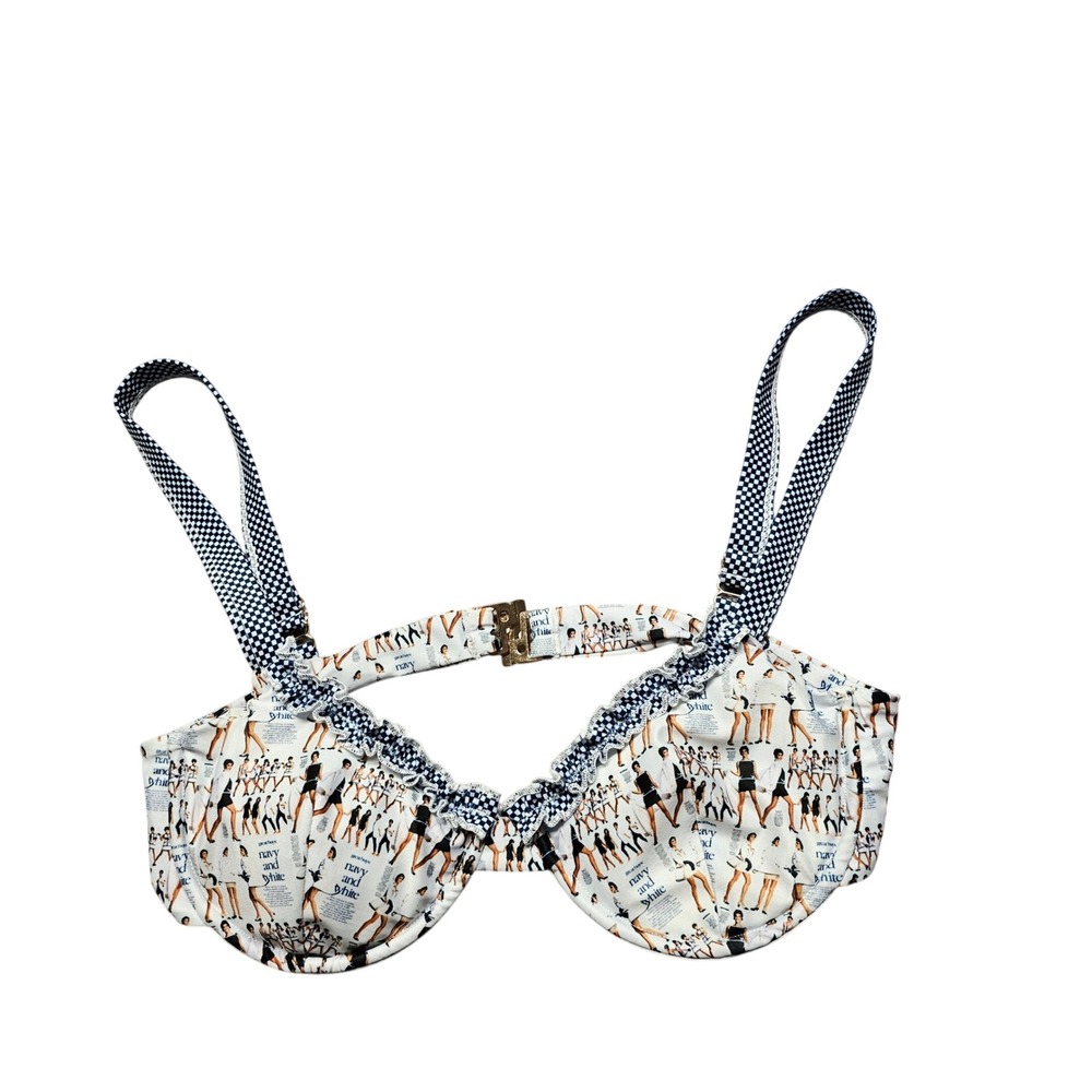 NWT Strawberry Milk Mob Newspaper Print Underwire Bikini Top Navy White Ruffle L